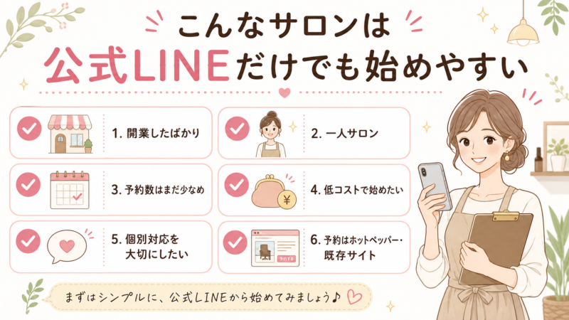 こんなサロンは公式LINEだけでも始めやすい。開業したばかり・一人サロン・予約数は少なめ・低コストで始めたい・個別対応を大切にしたい・予約はホットペッパーや既存サイト
