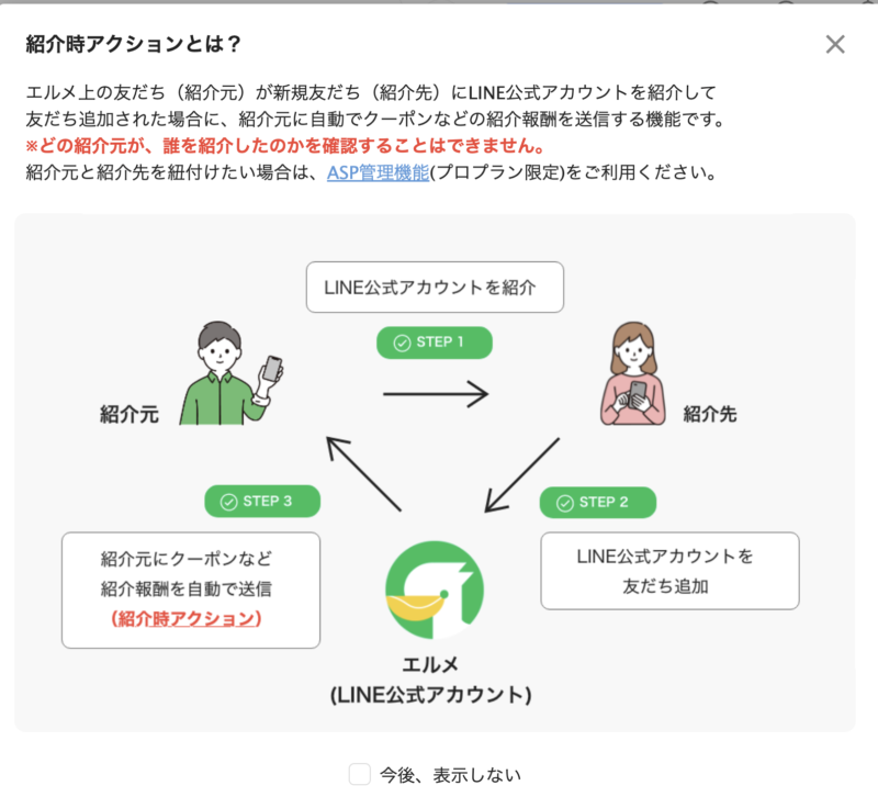 エルメの紹介時アクションの説明画面。紹介元に自動でクーポンなどの紹介報酬を送る流れ